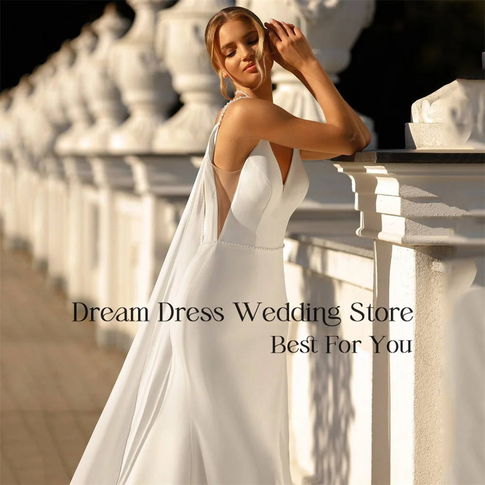 أنيقة حورية البحر الديكور فستان الزفاف المرأة الخامس الرقبة مفتوحة الظهر السباغيتي الأشرطة شال فستان زفاف Vestidos De Novia مخصص