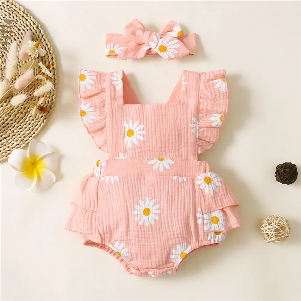 0-18 Months Newborn Baby Girl Romper Clothes Ruffle Sleeveless Bodysuit with Headband Summer Jumpsuit Fashion Cute Infant Outfit