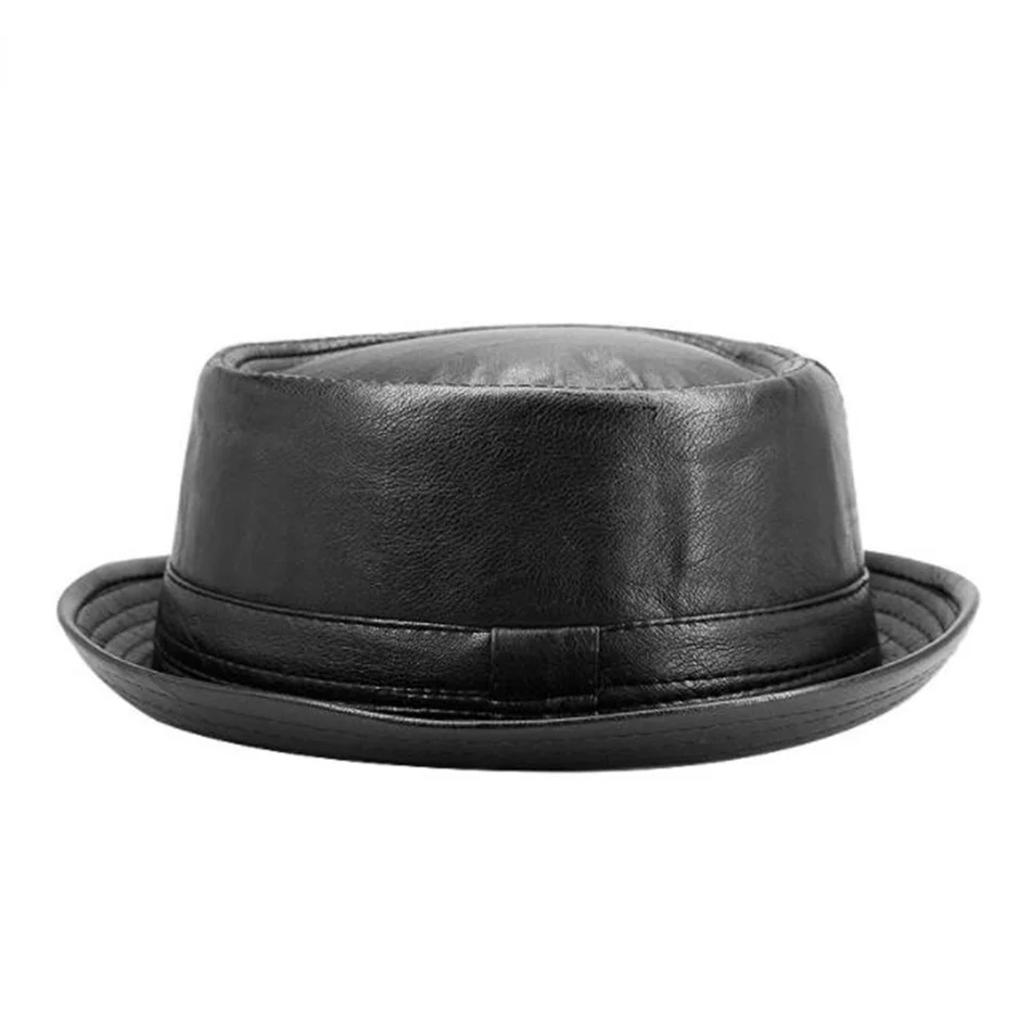 Sombrero Trilby de cuero negro para hombre y mujer, gorra de Fedora Retro, gorras de marca Porkpie, sombreros de Jazz Vintage, nueva moda, otoño