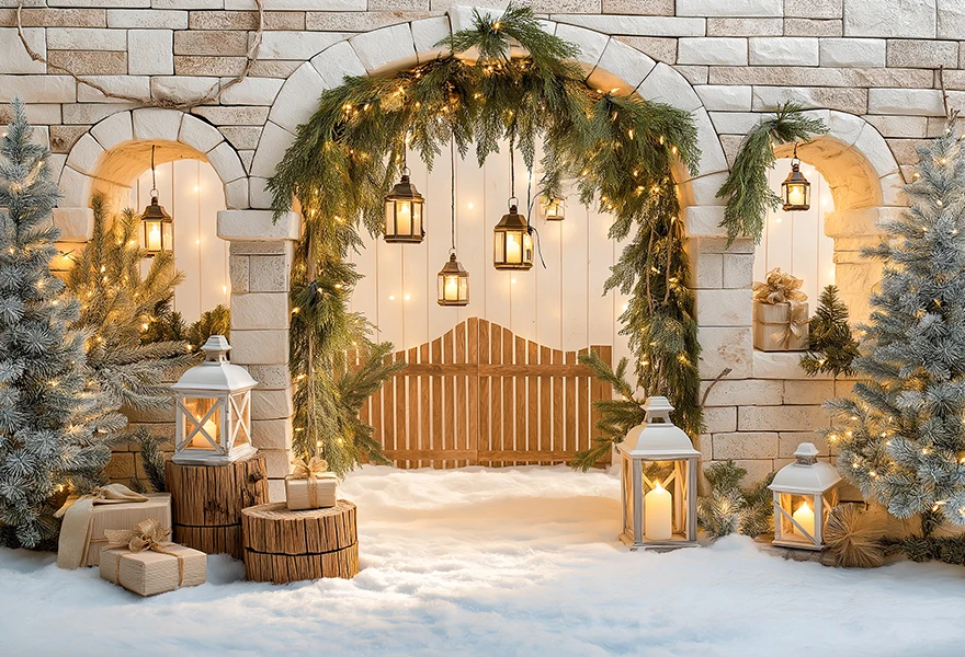 قوس عيد الميلاد مزين بالفوانيس وإكليل الهدايا خلفية التصوير الفوتوغرافي للأطفال كعكة سحق خلفيات التصوير الفوتوغرافي #3