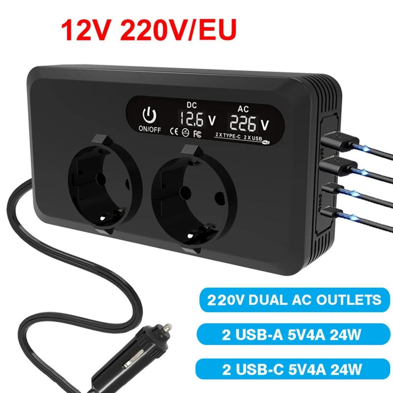 Super Sale 200W Car Inverter DC 12V to AC 220V Transformer European Standard Sockets with Type-C USB Fast Charging EU Plug