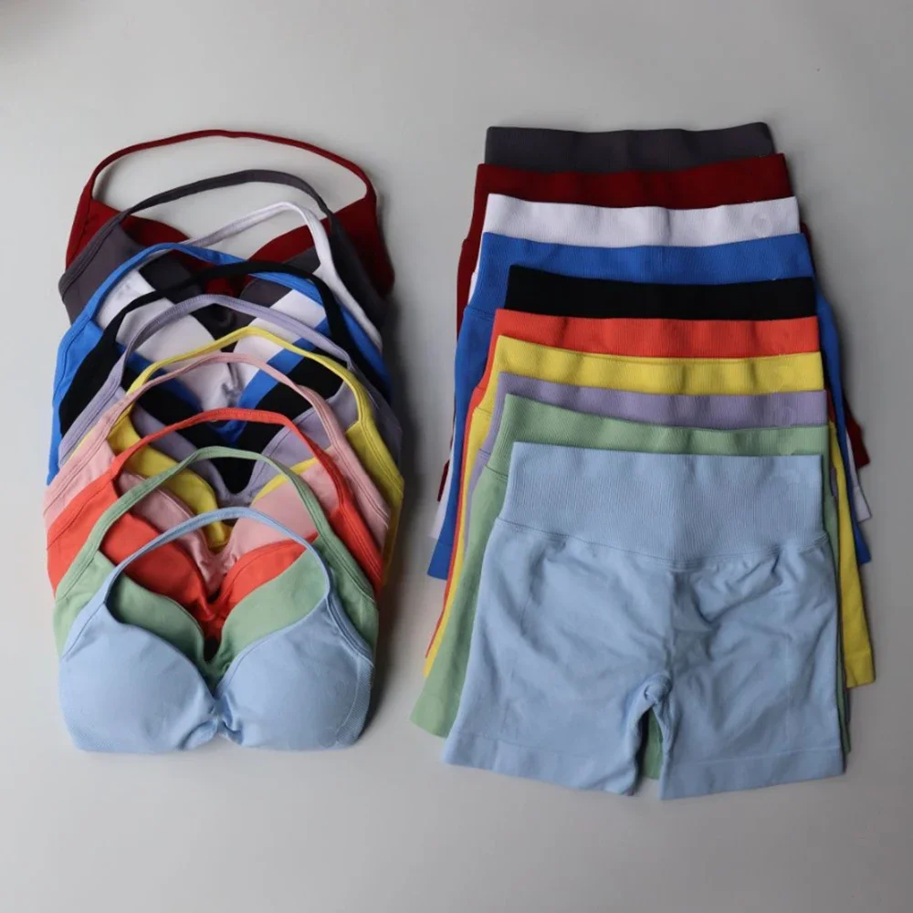 

Seamless Sportswear Workout Set Women Two Piece Strappy Yoga Bra Top Scrunch Shorts Gym Clothes