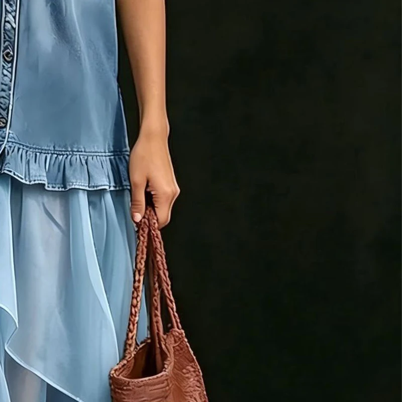 

Elegant Tulle Splice Party Dress Sexy Halter Sleeveless Denim Dress Women Fashion Single-breasted Irregular Hem Long Dress