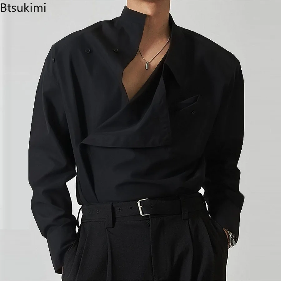 

Trend Irregular Design Men's Lapel Button-up Shirts French Style Vintage Long Sleeve Tops Spring Autumn Fashion Show Chic Shirts