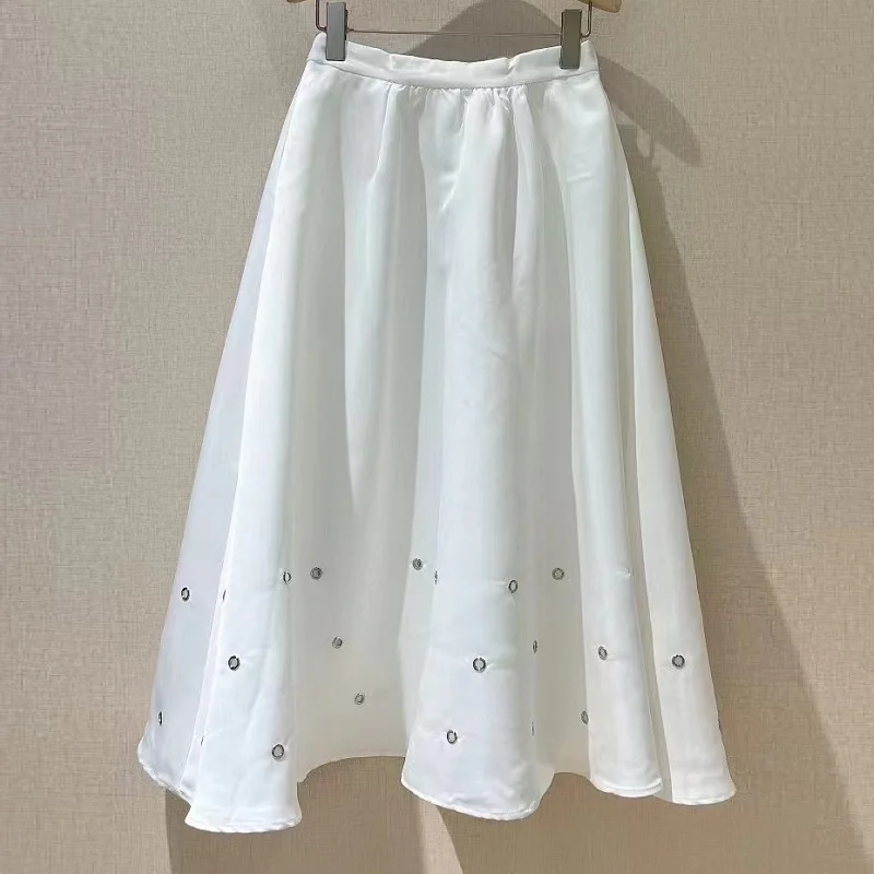 

High Quality New Hot Sale Long Skirt 2024 Autumn Winter Skirt Women Hollow Out Studs Deco High Waist Skirt White Black Brown