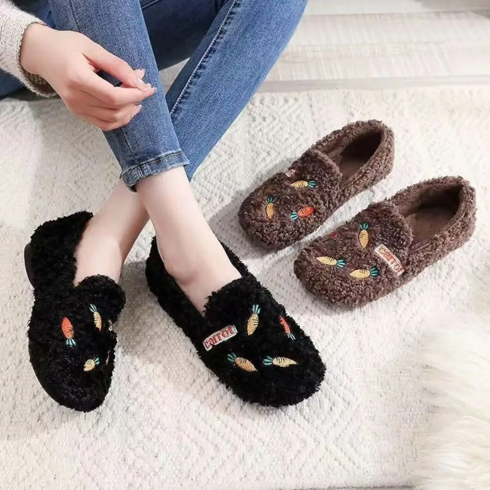 Cute Embroidery Carrot Plush Slipper Anti-skid Soft Winter Slippers Shoes Thicken Warm Plush Shoes Women Girls