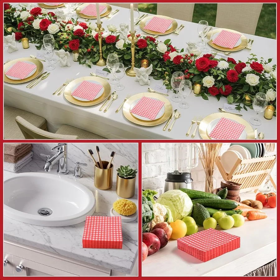 80枚入り レッドギンガムナプキン 6.5×6.5インチ 赤と白のチェック柄ナプキン 格子柄ピクニックナプキン ギンガムパーティーナプキン バーベキューバー用