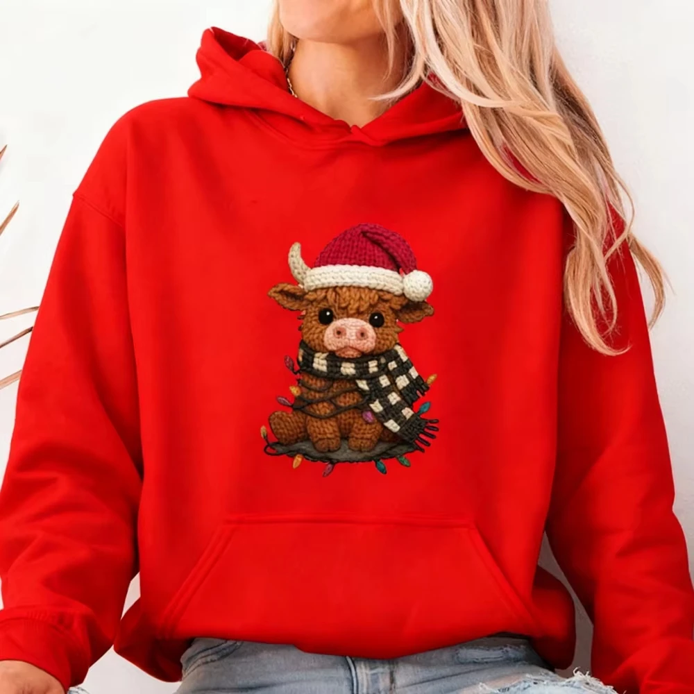 Herbst-Winter-Unisex-Kapuzenpullover mit Weihnachtsmotiv, süßer Highland-Kuh-Weihnachtsfest-Print, Pullover-Hoodie, festliche Langarm-Oberteile – Detail 17