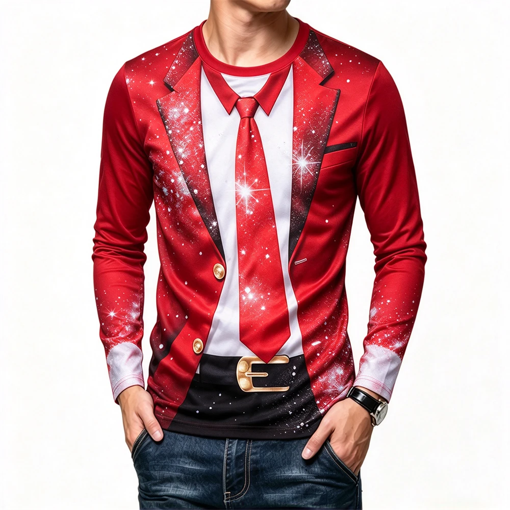 Funny Christmas Style Men's T Shirts Fashion Trend New Year Clothing Casual O-neck Loose Long Sleeve T-shirt Street Hip Hop Tops