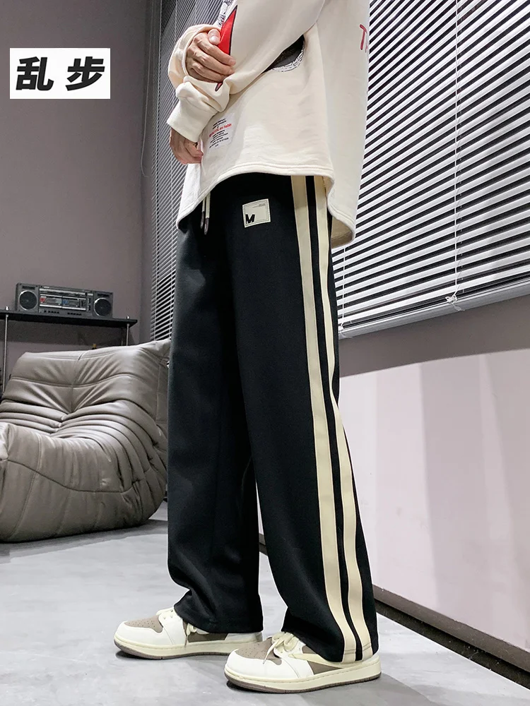 

Модные мужские спортивные повседневные брюки в полоску, свободного кроя, прямые, осенние, стильные, молодежные, динамичные, из смесового полиэстера