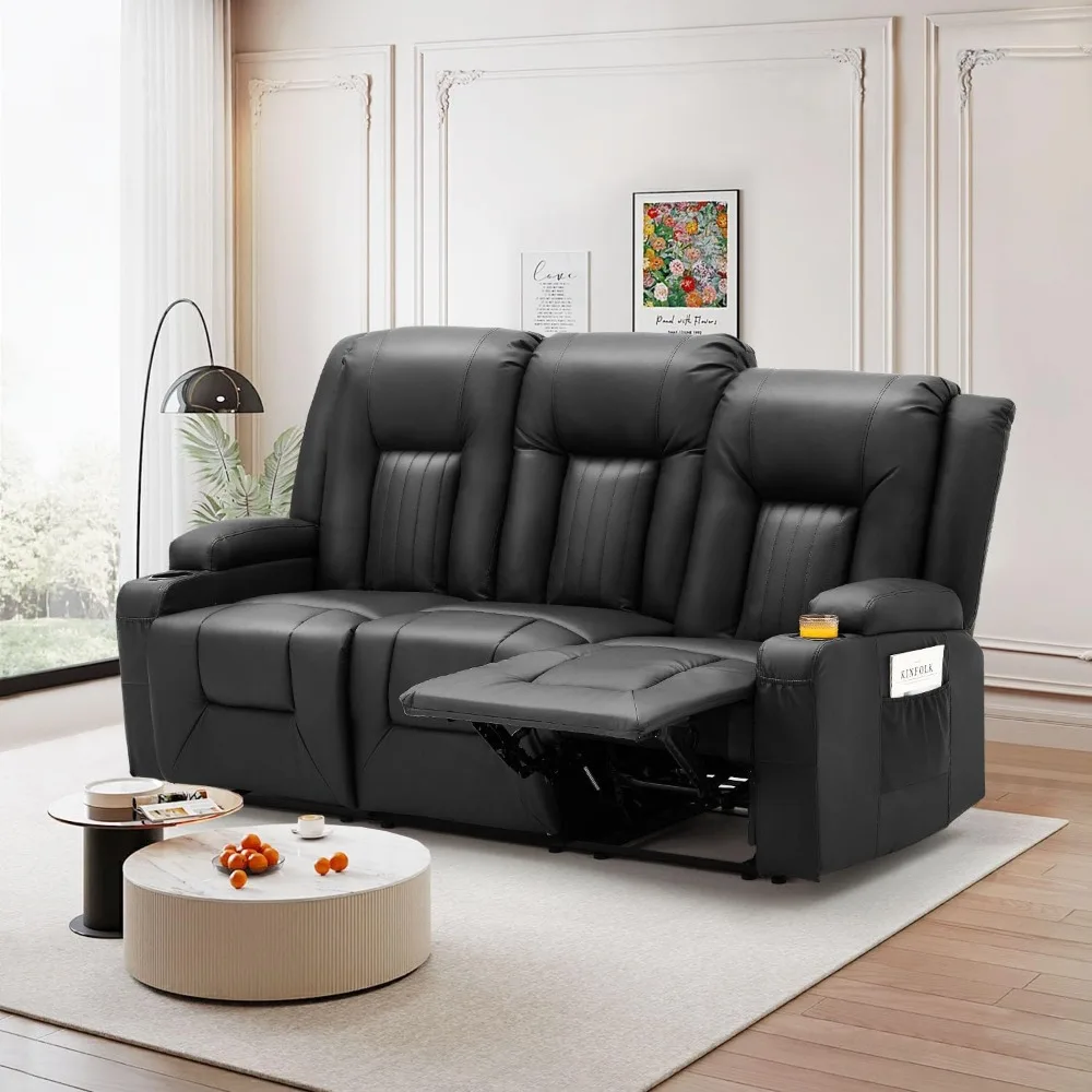 Recliner Sofa With Cup Holders&Side Pockets, Modern Manual RV Couch Sofa 3 Seats Recliner Couch Wall Hugger Reclining Sofa