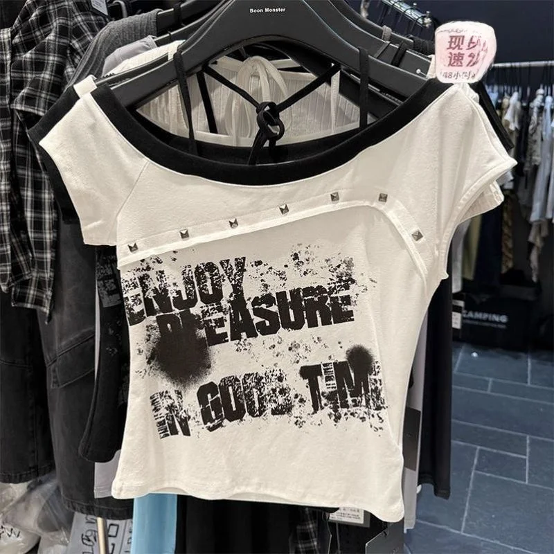 

Spicy Girl Y2K Ретро с диагональным воротником и заклепками с колючками ort Sve T irt Женщины Sweet Cool Aibi Cultural Dring Pleate...