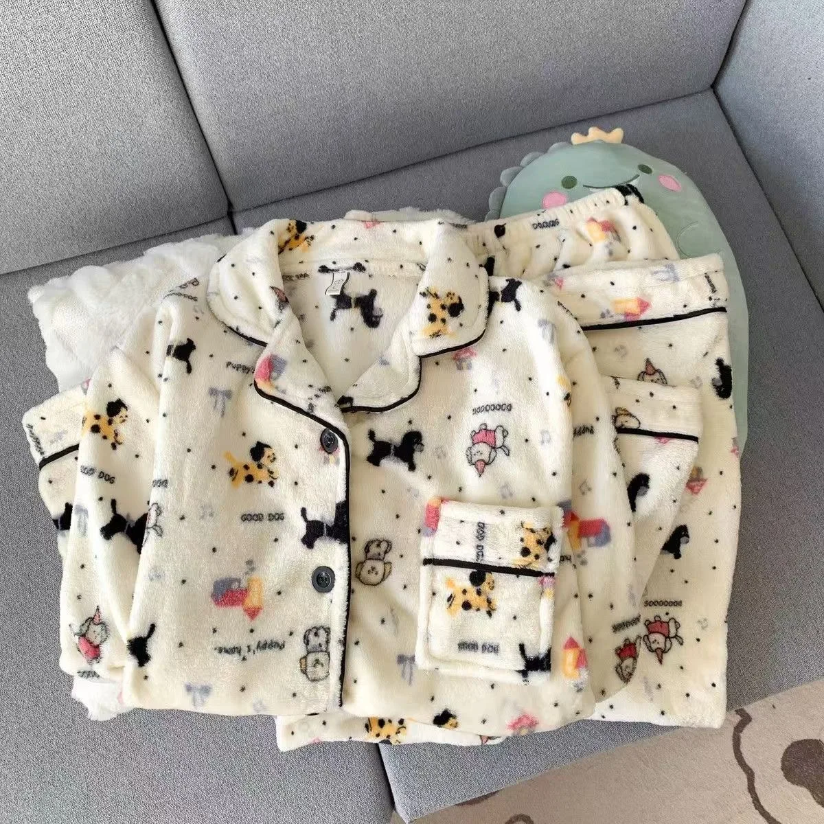 Cartoon Dog Pajamas Sets Kawaii Fluffy Flannel Warm Christmas PJ Set Sleepwear Women Winter Korean Y2K Button Cutecore Nightwear