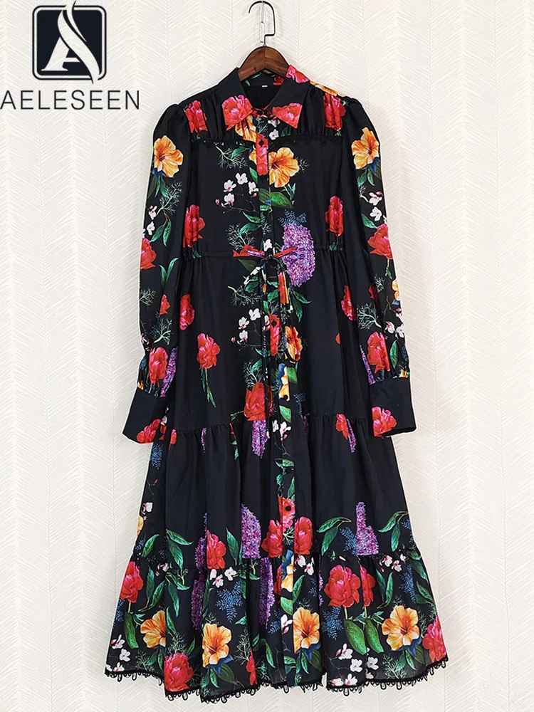 

AELESEEN Runway Fashion Women Dress Spring Summer Lantern Sleeve Single-Breated Colorful Flower Print Ruffles Loose Long Party