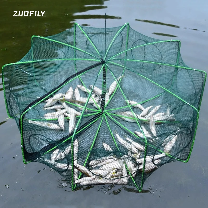 Nylon Fishing Traps Mesh Cage Foldable Crayfish Catchers Crab Fish Cage Trap Net Casting Fishing Mesh 6/8/10/12 Holes Shrimp Net