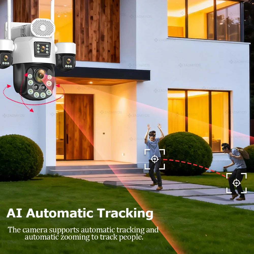 4 Lens Outdoor 360° Surveillance Solar Camera 20MP 60X Optical Zoom 4G SIM Home Security PTZ Auto Track AOV 24/7 Record CCTV Cam view 5