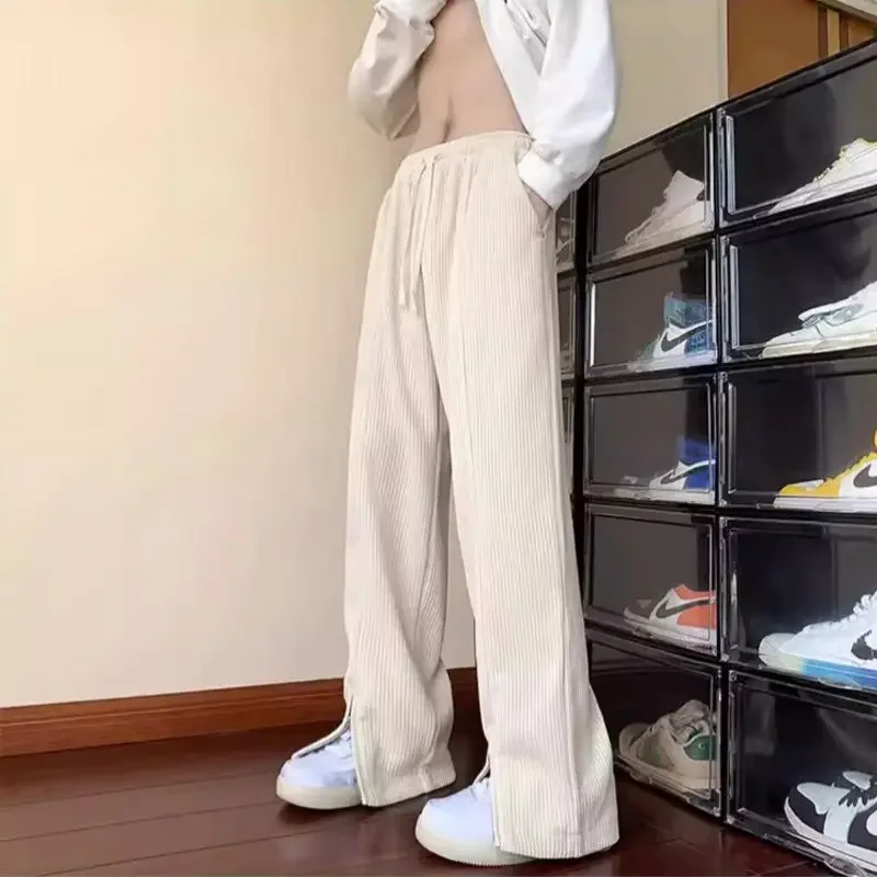 Korean Fashion Apricot Corduroy Pants Men's Spring and Fall Streetwear Zipper Wide-leg Straight Pants Casual Micro Flare Pants