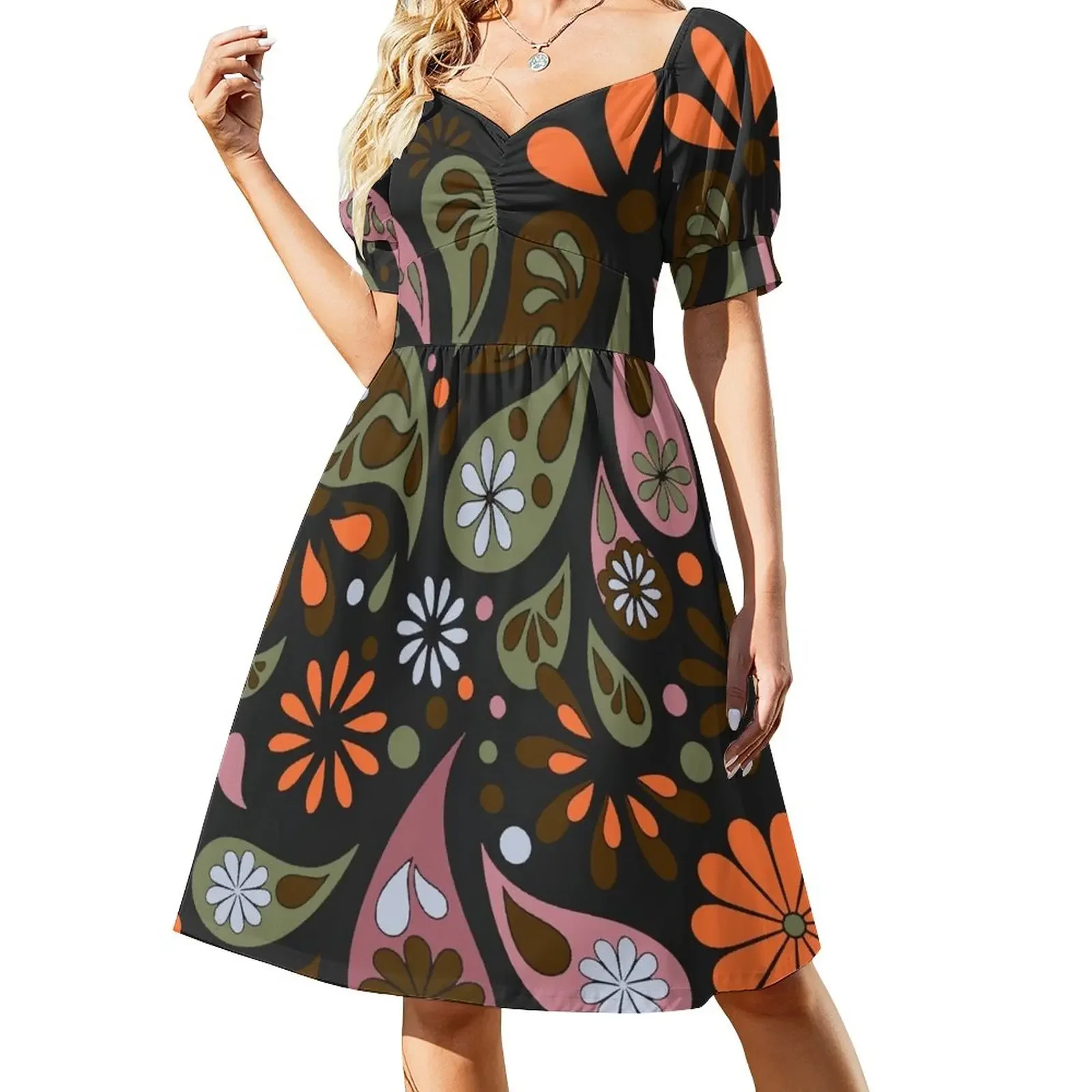 Hand Drawn Fall Autumn Flower Power Paisley Retro Design Short-Sleeved Dress Women's dresses Dresses gala prom clothes