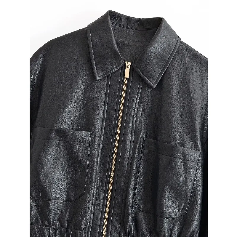Guobioziy New Women's Classic Commuter Style Versatile High End Two Tone PU Leather Short Jacket Zipper Closure Polyester Fiber