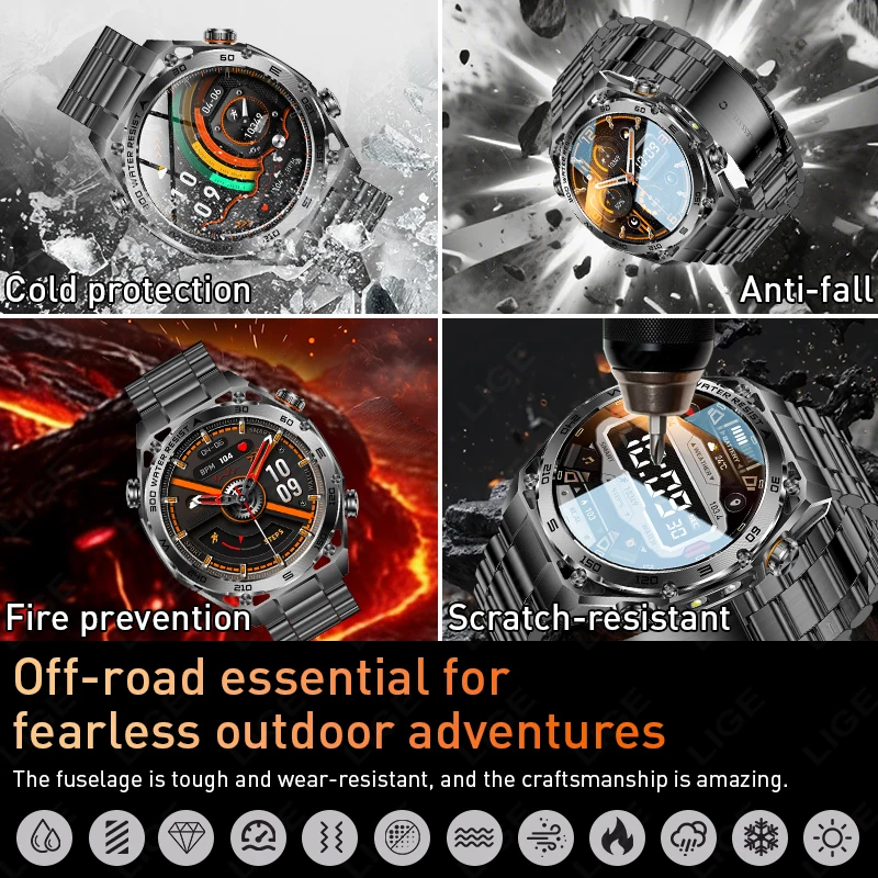 LIGE New Military 1000mAh Battery Metal Casing Smart Watch 5ATM Waterproof Flashlight Heart Rate Sports Tracker Men's Smartwatch