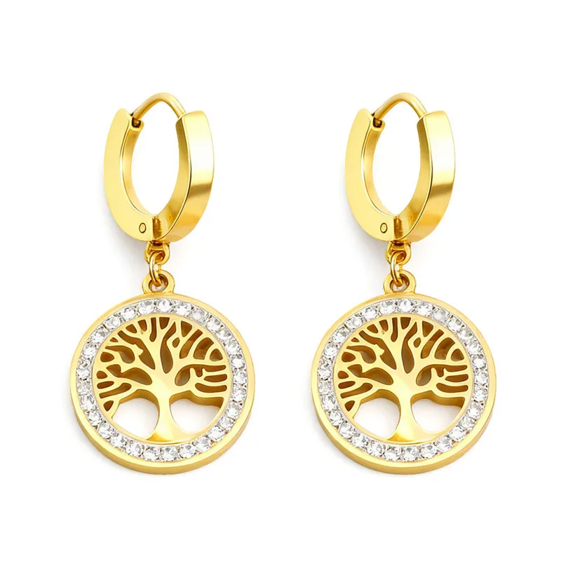 

Tree of Life Dangle Earrings Gold CZ Halo 316L Stainless Steel Hypoallergenic Tarnish Free Women Jewelry MURMUR