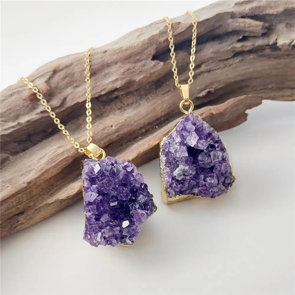 

FUWO Wholesale Natural Amethysts Clusters Necklace,Golden Plated Raw Crystal Jewelry For Women Gift 5Pieces/Lot NC281