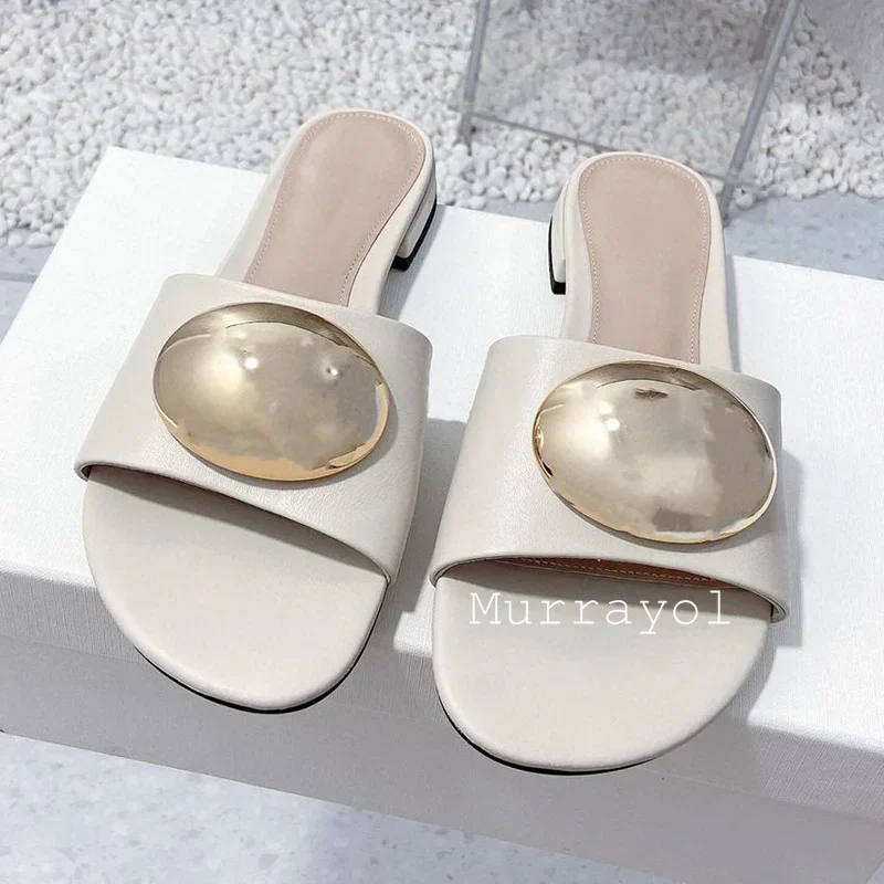 New One Strap Metal Decor Slippers Women Open Toe Genuine Leather Flat Slippers Summer Outdoor Vacation Beach Shoes Slides