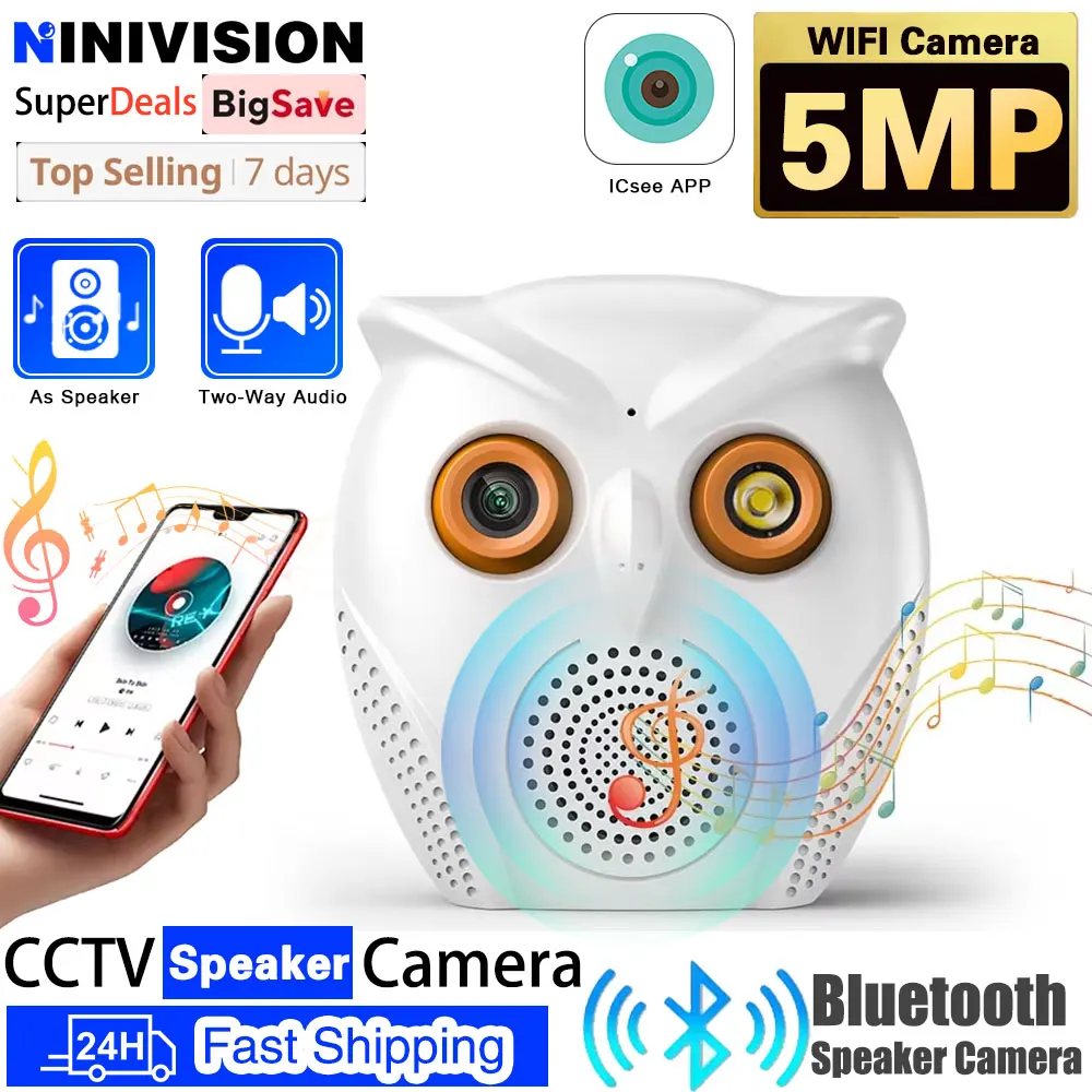 WIFI Loudspeaker Box Camera Speaker Wireless 5MP Security IP Indoor Music Sound Baby Monitor Owl Shape Bluetooth Connectivity