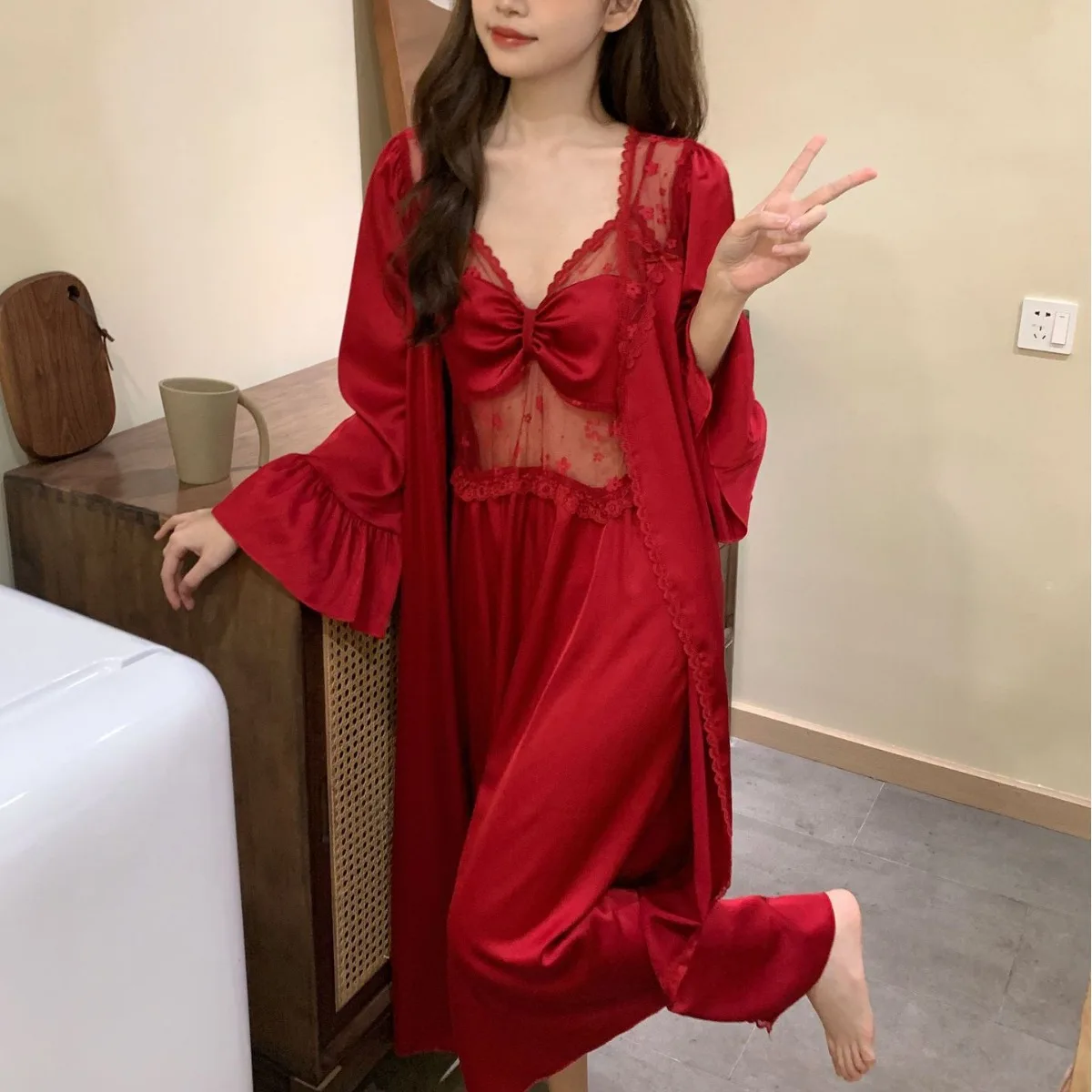 Nightgown Sleepwear Sexy Patchwork Lace Nightdress Bathrobe Gown Women Wedding Nighty&Robe Set Summer Satin Home Wear LoungeWear