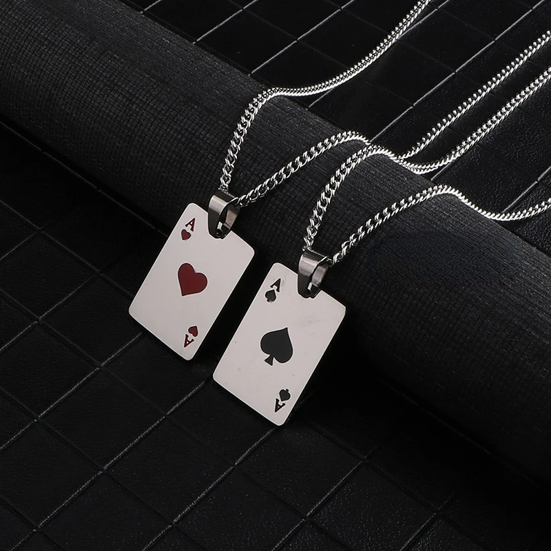 Titanium Steel Necklace Playing Card Red Spades A Love Pendant Tide Men Women Necklace Long Sweater Chain Couple Accessories