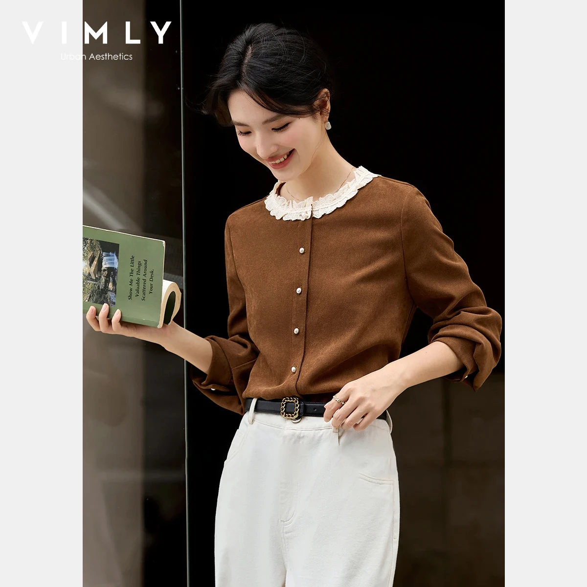 

VIMLY французские вельветовые рубашки женские, осень 2022, винтажные кружевные блузки с круглым вырезом, элегантные женские топы с длинными рукавами A3113