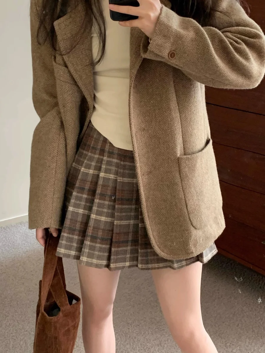 

Retro Plaid Woolen A-Line Skirt Women's Autumn Winter plus Size Slimming High Waist ort Skirt Korean College Sle