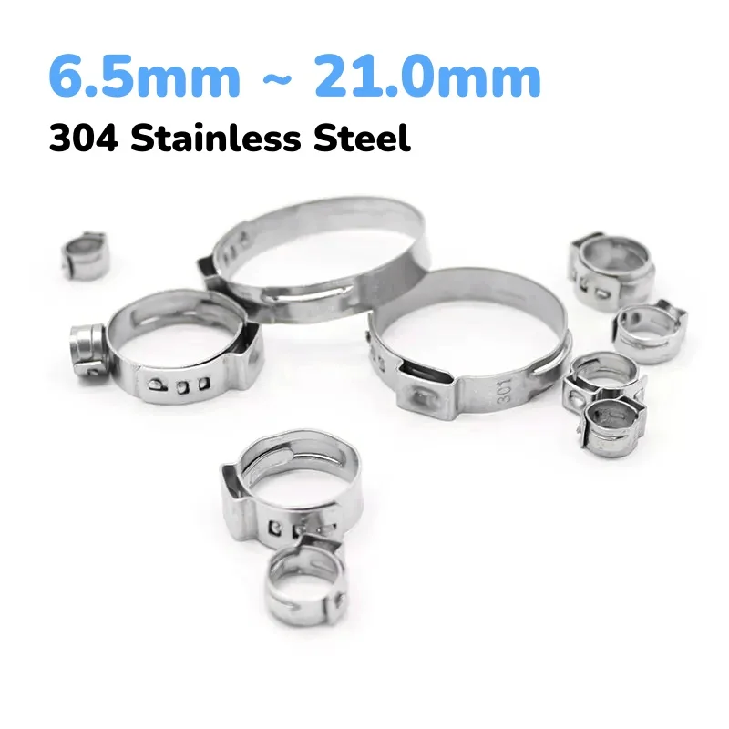 304 Stainless Steel One Ear Stepless Pipe Clamp 6.5mm ~ 21.0mm Single Ear Hose Clamps with Pliers Hose