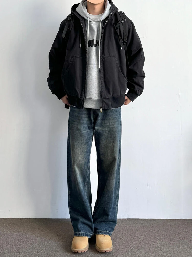 

Deep Blue Straight Leg Men's Denim Jeans Vintage American Sle Waed Wide Leg Workwear Pants for Autumn Winter And Spring