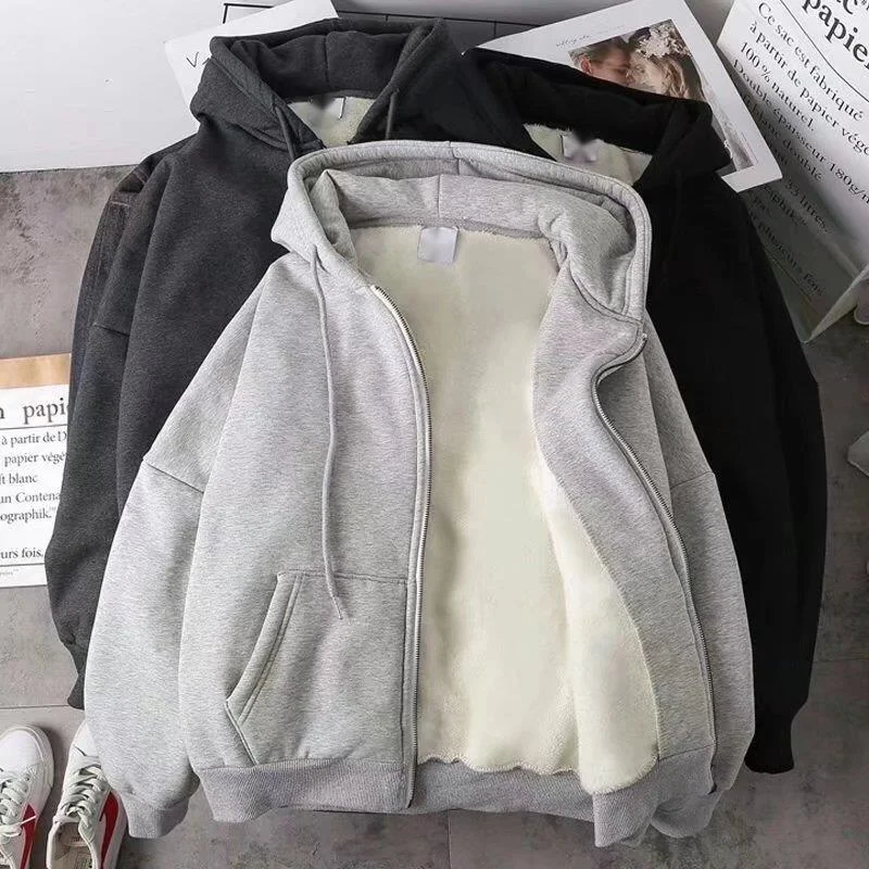 Stylish Women's Fleece Hooded Sweatshirt Winter Warm Cotton Coat Casual Solid Color Zip-Up Hoodies Plus Size Unisex Sweatshirt