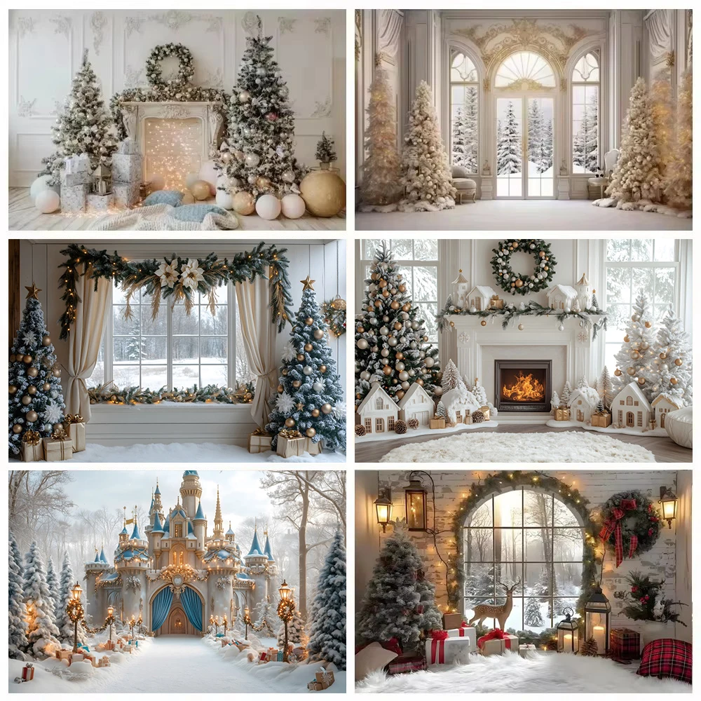 Winter Christmas Interior Backdrop Photography Xmas Fireplace White Christmas Tree Gifts Pine Trees Photo Background Photocall