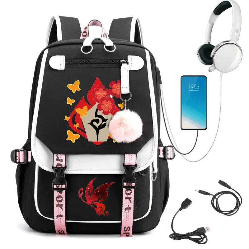 Mochila Hutao Anime Genshin Impact, bolsa de nailon para libros escolares, bolsas de viaje para estudiantes, bolsa de mensajero informal con puerto USB para computadora portátil