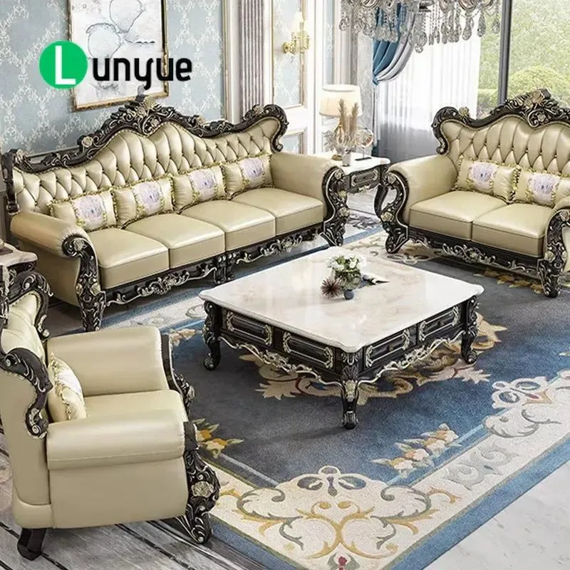 European Luxury Villa Living Room Sofa Solid Wood Frame American Antique Style First Layer Cowhide Leather Simple Corner