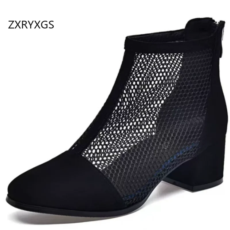 

ZXRYXGS Top Cowhide and Frosted Sheepskin Mesh Boots Summer Sandals 2026 Elegant Fashion Boots Breathable Cool Women Mid Heels