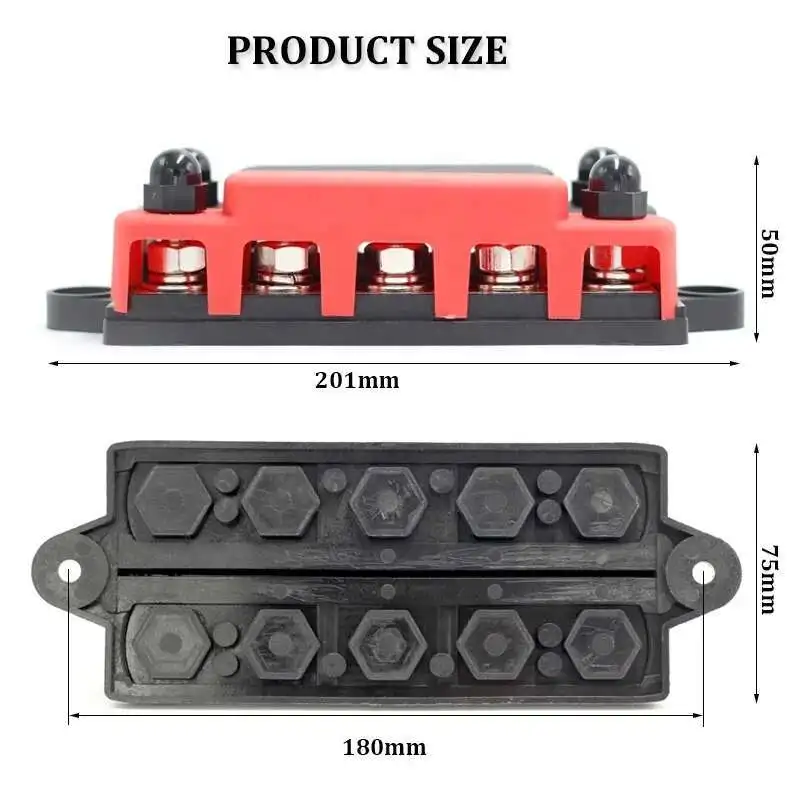 48V 300A Heavy Duty Power Distribution Terminal Block Pure Copper Double Row 5 Screw Busbar 10 M10 Studs 8 X M4