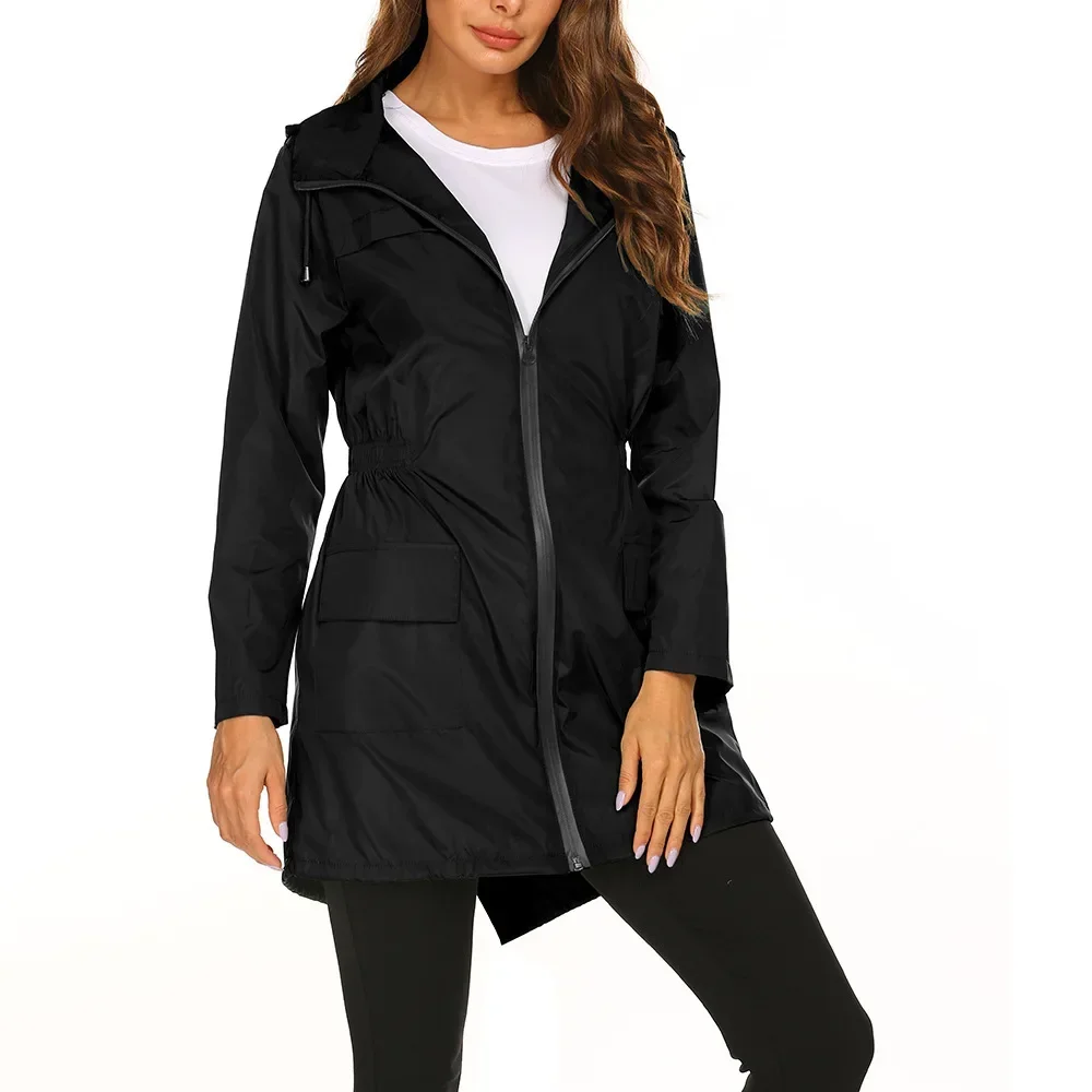 

2025 NEW Autumn and Spring Women's New Solid Color Outdoor arge Jacket, Collect Waist Frivolous Windproof Rainproof Hooded Ja