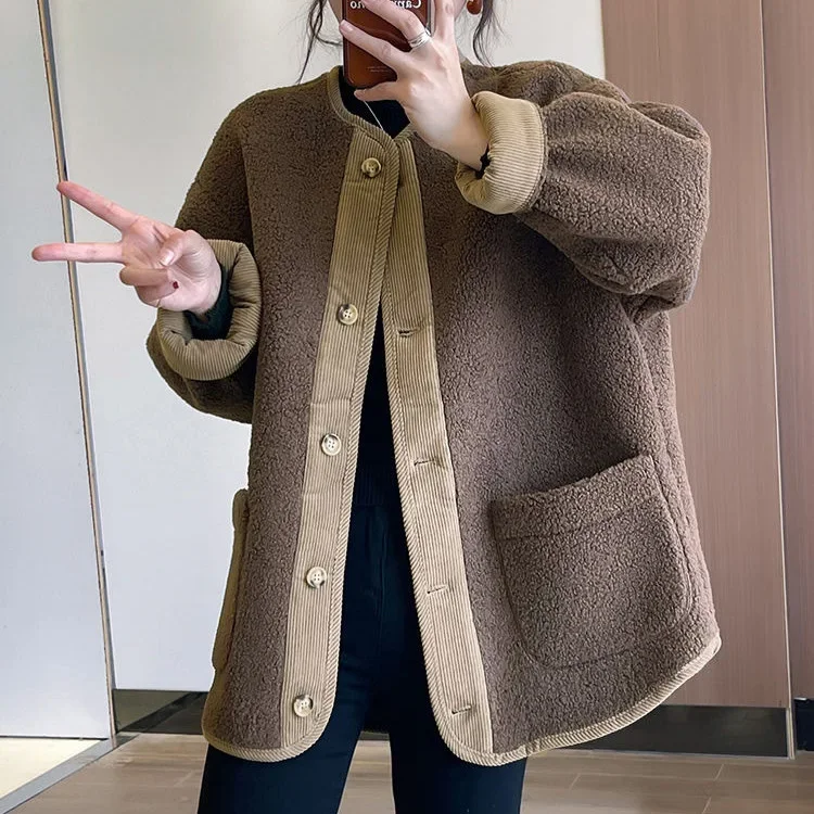 المرأة قصيرة سميكة فرو الضأن سترة الخريف الشتاء نمط جديد اسم سيدة الرجعية الراقية الشعور البيسبول معطف أعلى #2