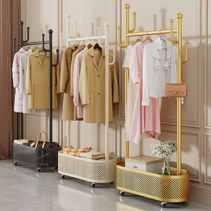 

Light Luxury Home Living Room Balcony Floor-standing Bedroom Movable Wheels Metal Clothing Organizer Drying Rack Five Layersprom