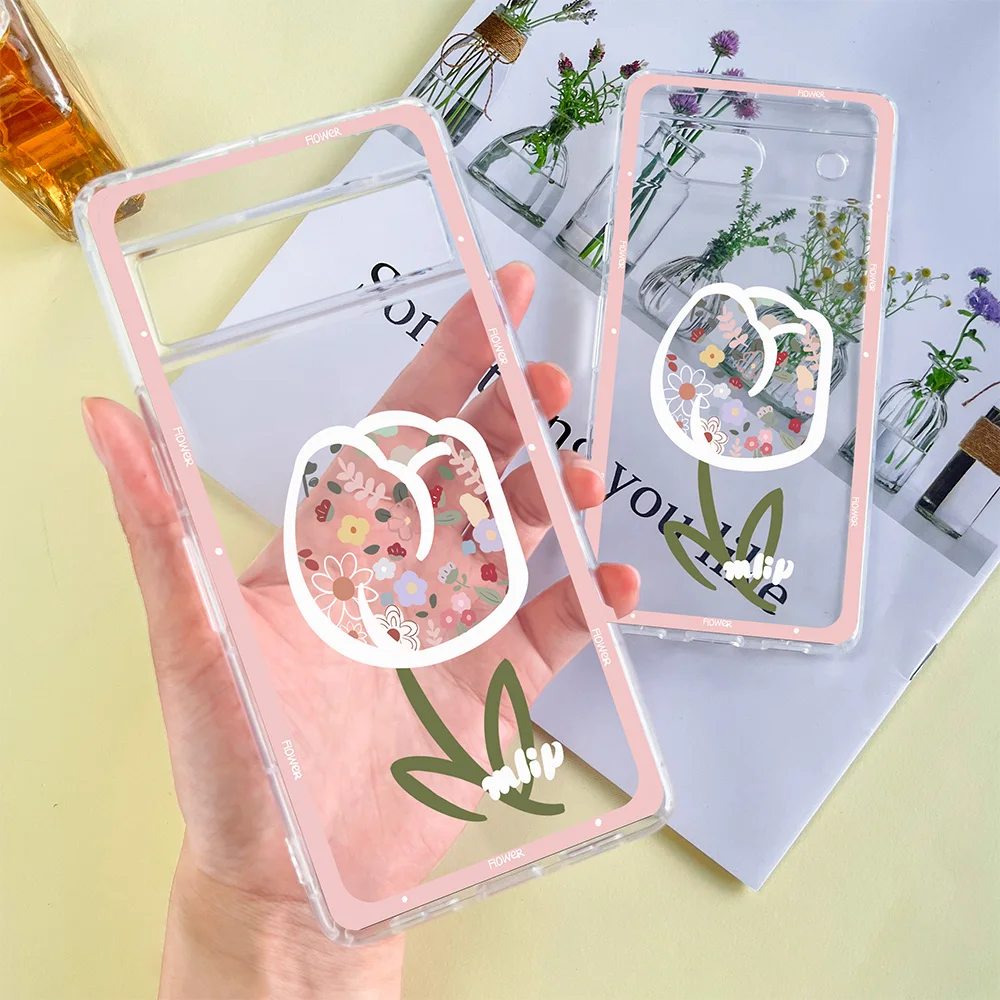 Cartoon Tulip Flower Phone Case for Google Pixel 7a 7Pro 7 Luxury Transparent Capinha for Pixel 6a 6 6Pro 8 Pro Soft TPU Cover