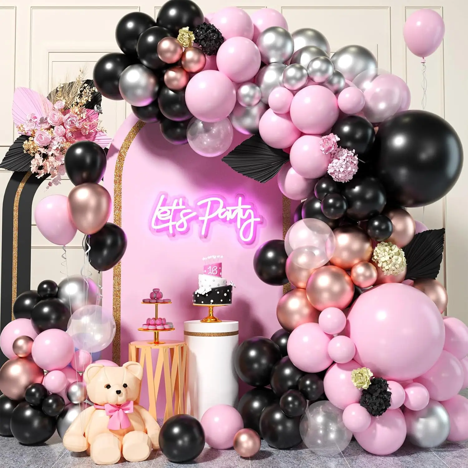 119-teiliges rosa und schwarzes Latex-Ballon-Set, geeignet für Geburtstagsfeiern, Hochzeiten, Valentinstag-Party-Dekoration