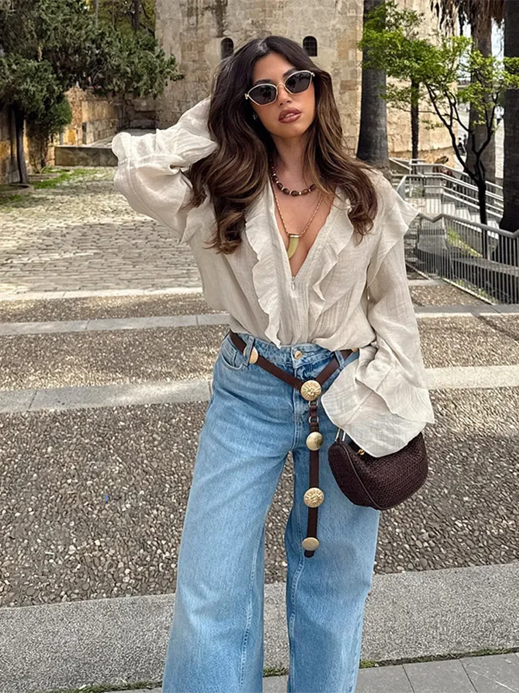 Plissado borboleta manga alargamento camisas femininas elegante chiffon profundo decote em v blusa em cascata feminina primavera moda senhora outwears