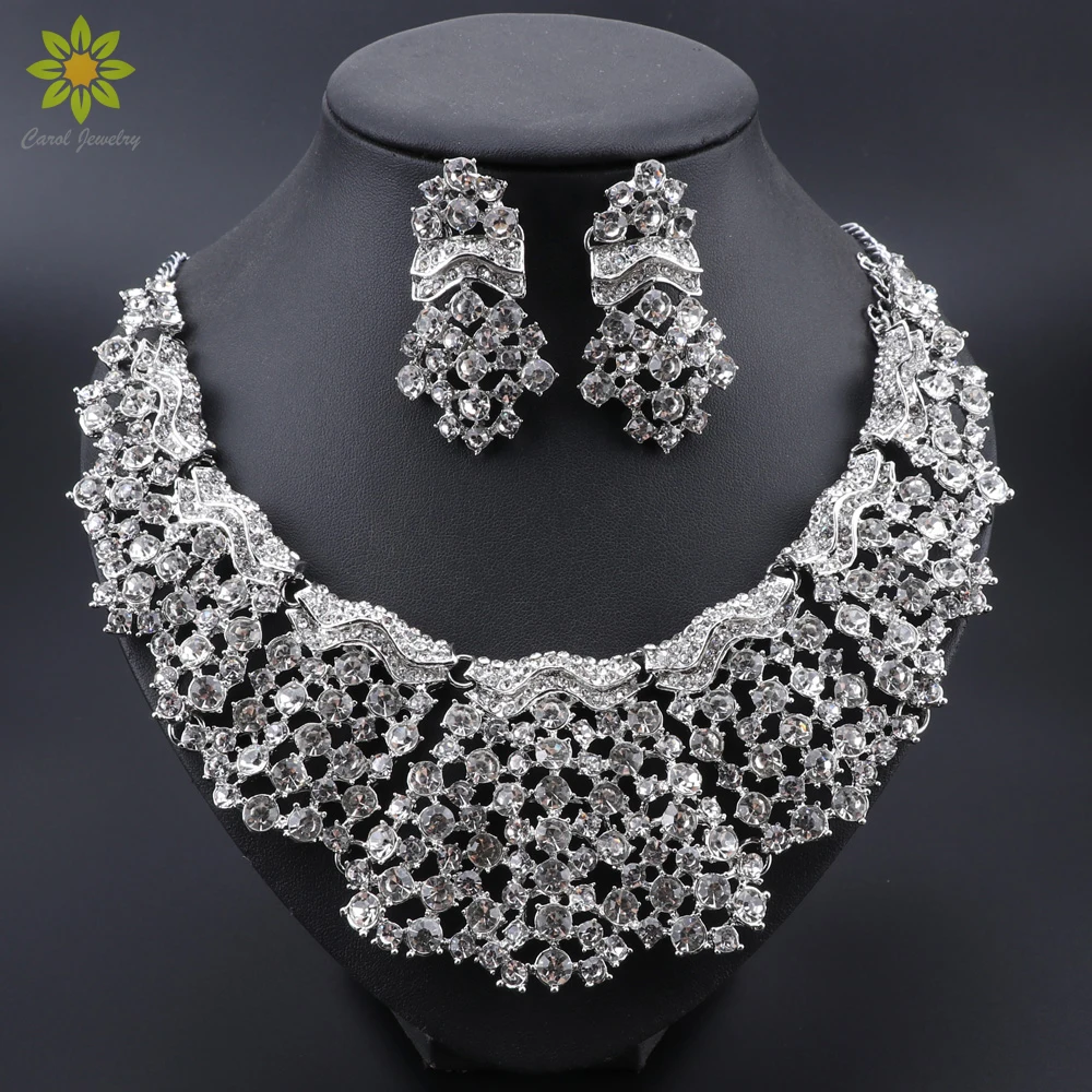 Fashion Crystal Statement Necklace & Earrings Sets Silver Color  Wedding Costume Jewelry Sets for Brides Women\'s Gifts