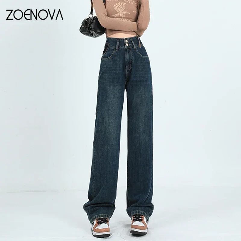 ZOENOVA, novedad de verano, pantalones vaqueros de pierna ancha azules nostálgicos para mujer, pantalones rectos finos informales versátiles de cintura alta con doble botón