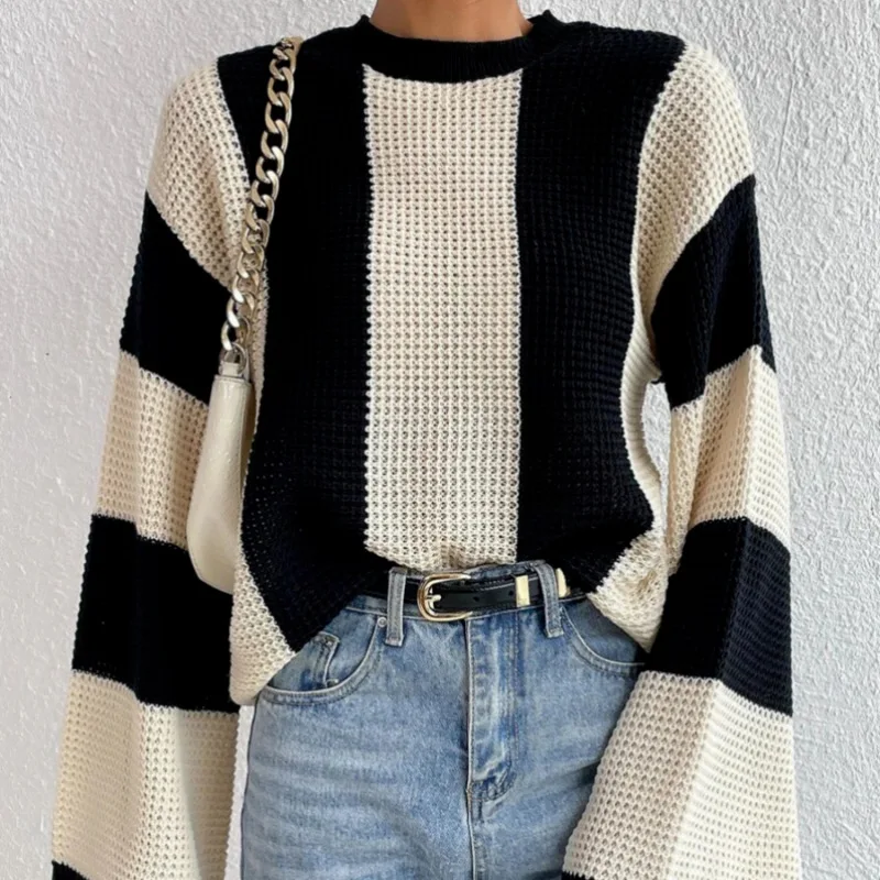 

Women's Striped Sweater, Casual Knit Wear, Contrast, Spring and Autumn, New, 2022