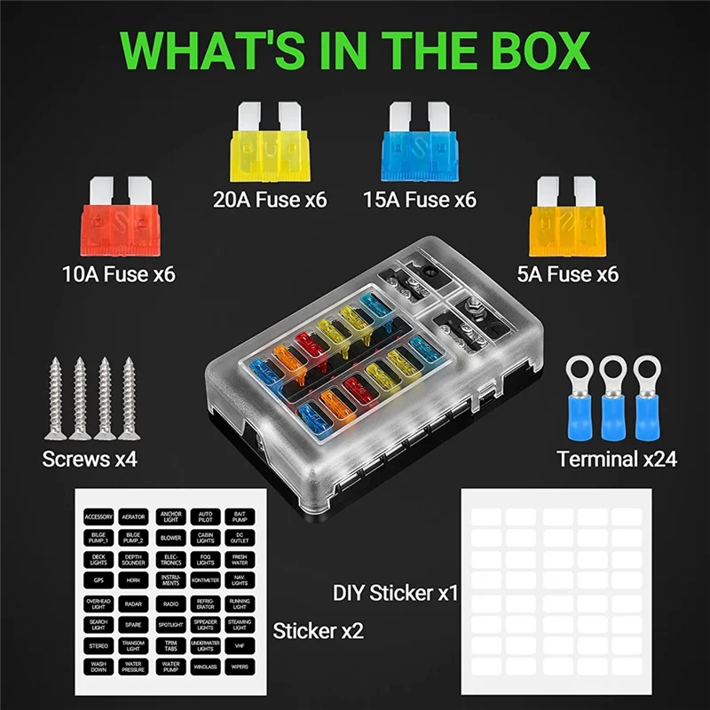 12V Fuse Block 12 Circuit Fuse Box Kit,with LED Indicator with Negative Marine Fuse Box for Dc12-24V Car Boat RV Truck